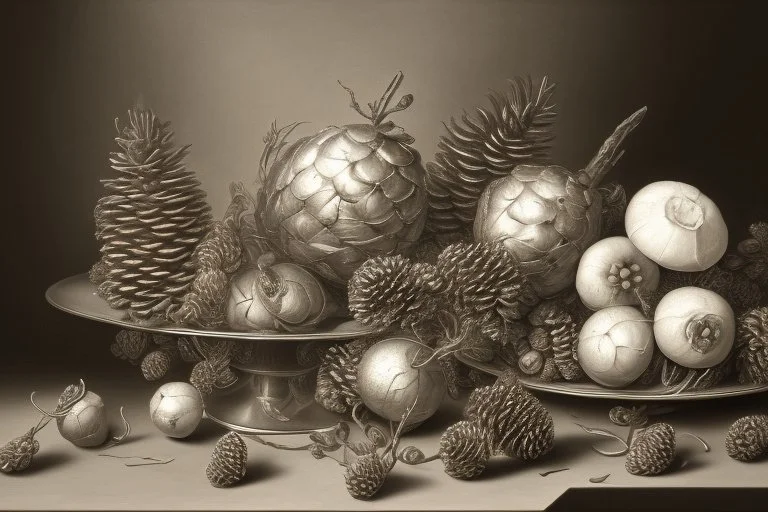 a realistic still life graphite drawing of pine cones in the classical style of Pieter Claesz, Jan Jansz. van de Velde and Anthonie Leemans