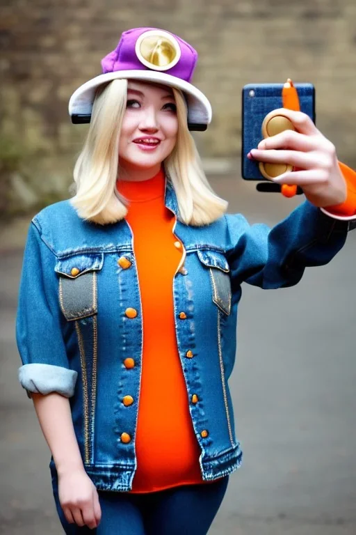 blonde taking selfie.thick thighs,thick calves,flat belly,curvy fell. Mantle is sewed of upcycled Denim and it is sewed together of camouflage pieces, whose color are all denim colors, orange, cream and purple. Big colored headphones (gold rings!) is merged with small felt cap with small visor. It is with big bright purple felt tippet and birght-colored-hood is merged with colorful beanie. Style: Haute Couture, 1980's Finland, N.Y.C fashion in 2023