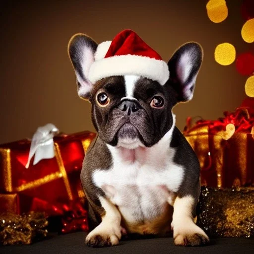 Portrait of a cute french bulldog with brown fur celebrating new year and christmas