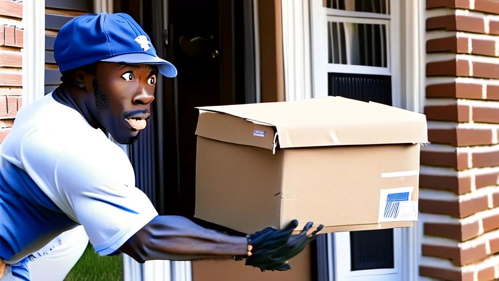 suspiciously looking Tyrone sneaking away holding small box from apartment mailboxes