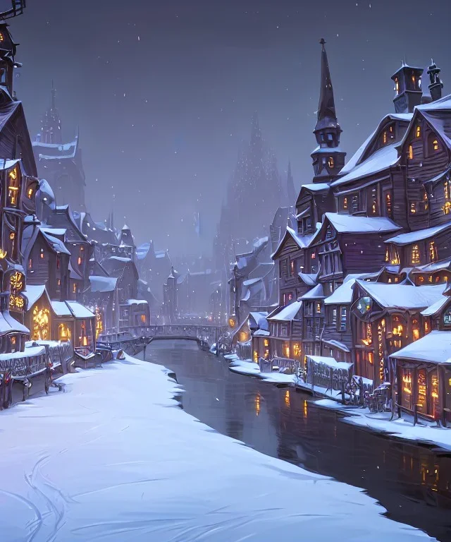 A magical snowy warlock gothic town with river canals with Christmas festivities