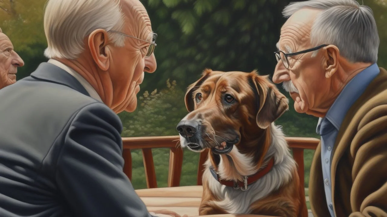 A hyper-realistic oil painting of a whimsical scene where a dog is engaged in deep conversation with an elderly man