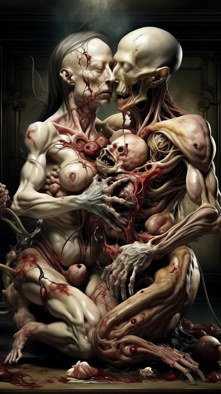 cinematic gore photorealistic fleshy photo of 2 conjoined mangled bodies making love, 1 visceral soul vortex, complementary, anatomically fragmented, ripped apart again being flayed, skinned alive. A beating heart, muscles, blood vessels, bowels, entrails are exposed. anatomy. physiology. Bosch and Dali inspired hallucinations. mythology. grotesque.