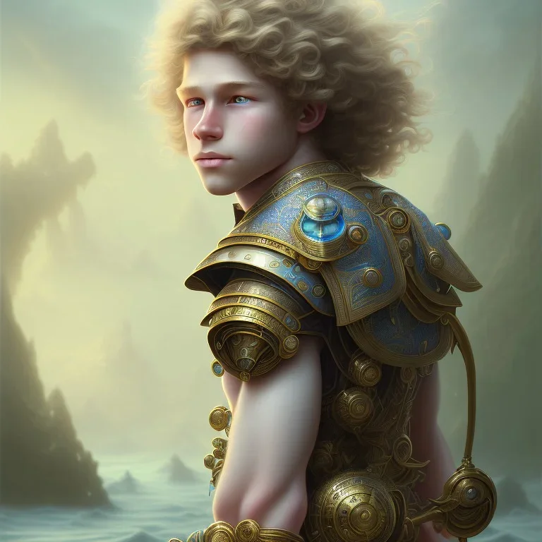 fantasy magic, intricate, sharp focus, illustration, highly detailed, digital painting, concept art, matte, art germ and Paul Lewin and Kehinde Wiley, full body image of a beautiful 12 year old boy with long, blonde curly hair and light blue eyes, smiling, shirtless, in front of an distant beach