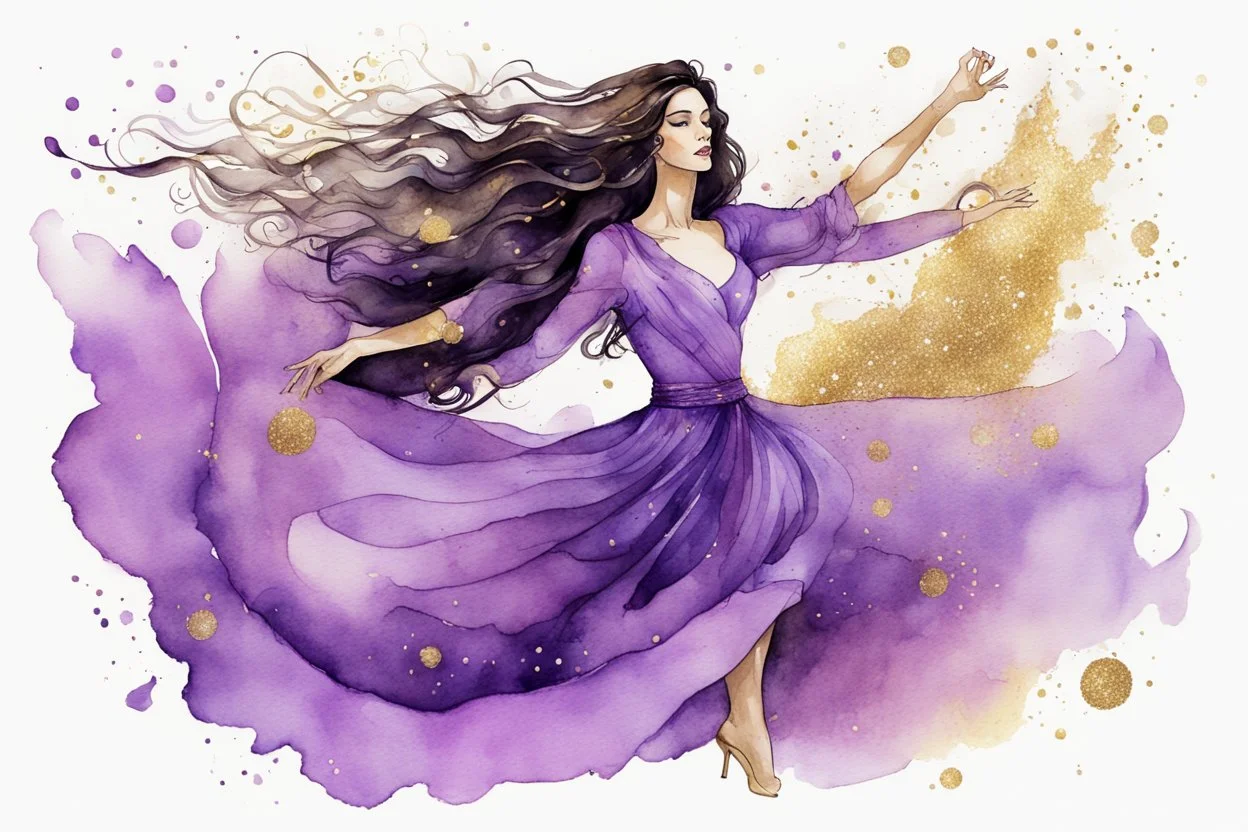 Dynamically dancing long haired brunette woman, in lilac, watercolor and ink, golden glitters