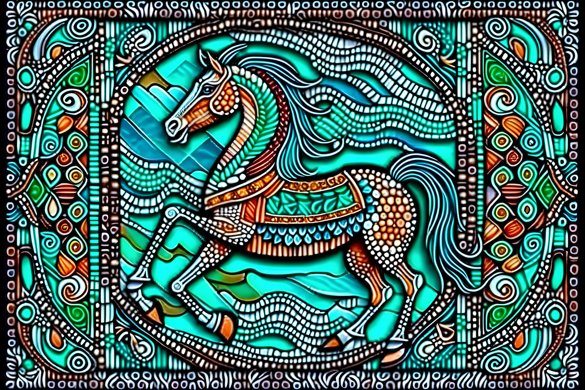 A stunning Horse's Lake saide and surrealistic hand-carved and mosaic artwork on wooden clay tiles, depicting an ethereal and fantastical subject. The intricate detailing and craftsmanship of the relief carving and mosaic work create a mesmerizing and visually captivating art piece. The technique combines the finesse of wood carving with the precision of mosaic art, resulting in a unique and awe-inspiring masterpiece.