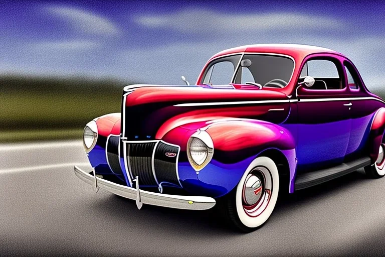 a true-to-life 1940 ford coupe, two-tone paintwork, classic hotrod wheels, pen and color marker, centered, intricate, extreme detailed, photorealism, center view, stylized random background, pivot on ford, painting by cheryl kelley