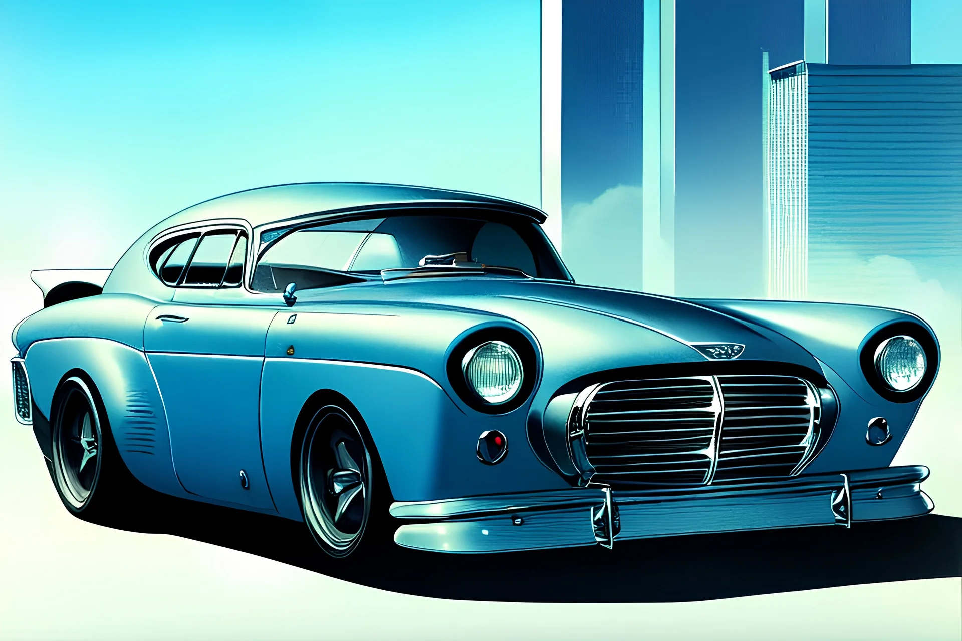 city environment, classic style concept, vintage hotrod vehicle, retro design study, classic steel wheels, toned colors