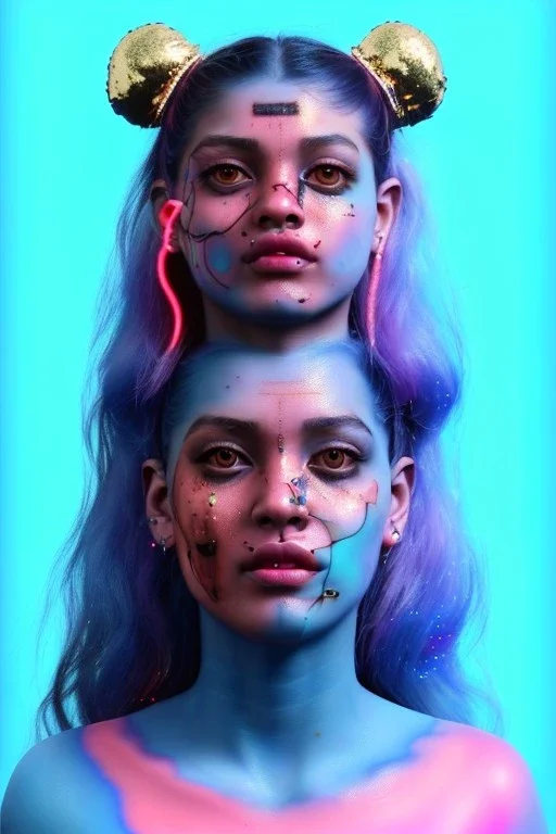 Ultra Realistic image, Rosalía artist, portrait, waist up portrait, black eye line, pop tattoos, gold pink and blue geisha style, spray line make up, geometric, led lights, neon, rings piercing, led ornament, fog, bubble latex coat, vibrant color, highly detailed, art stations, concept art, smooth, unreal engine 5, god rays, ray tracing, RTX, lumen lighting, ultra detail, volumetric lighting, 3d, finely drawn, high definition, high resolution.