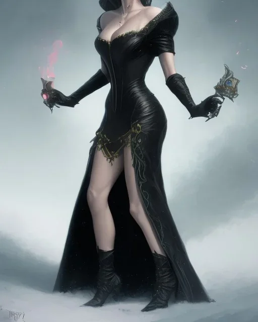 old evil queen in black leather gown, femme fatale, volouptous, busty, cleavage, angry, emperious, 8k resolution concept art portrait by Greg Rutkowski,