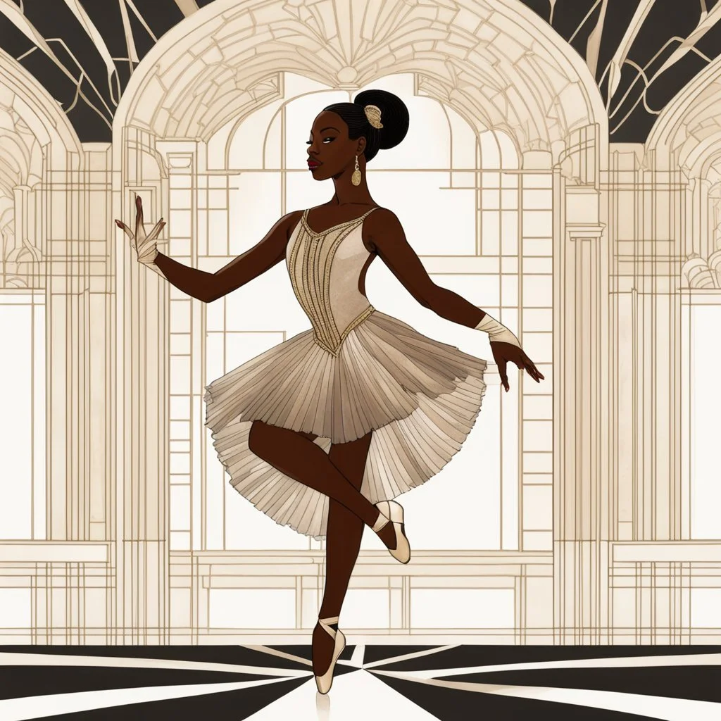 a black ballerina in an Art Deco ballroom, by artist "Ingrid Umber",by artist "Sienna Lamberts"