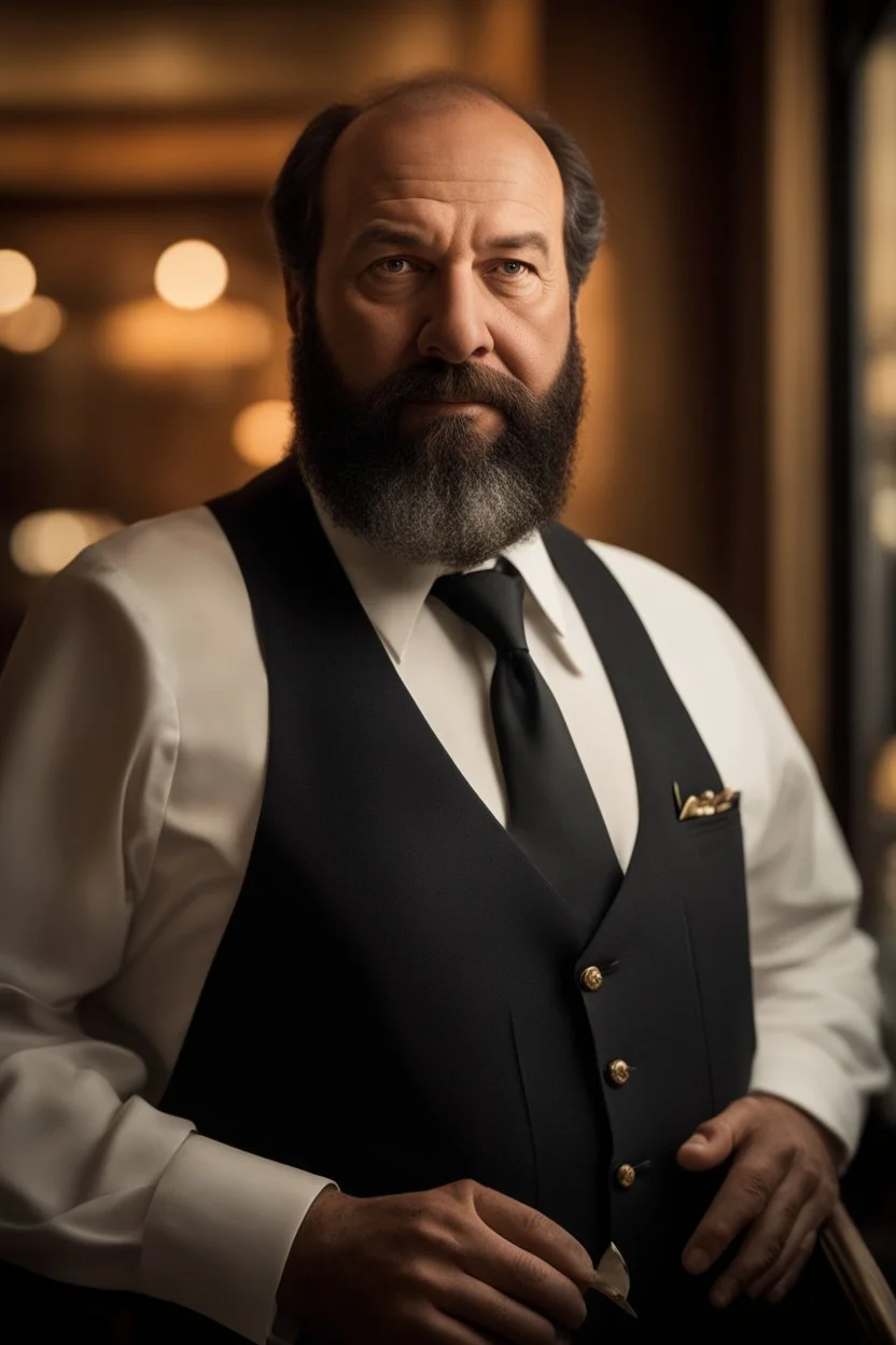 half figure shot photography of a 44 years old serious sicilian waiter in uniform, similar to Bud Spencer, shaved hair, bearded chubby man with hands in the pockets, in an elegant empty restaurant, bulge, bullneck, manly chest, unshaved, short hair, photorealistic, dim light , side light, view from the ground