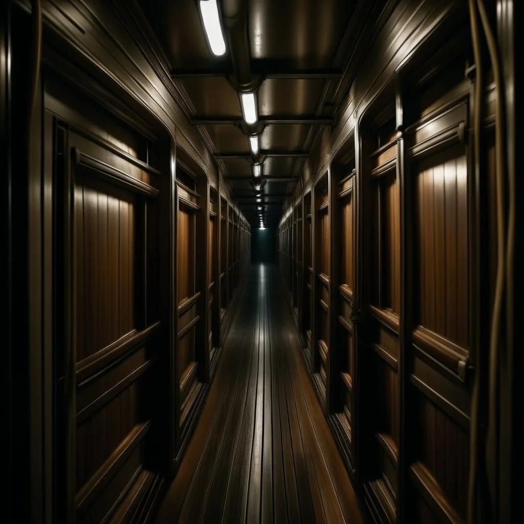 dark long corridor below decks on a gloomy cargo ship