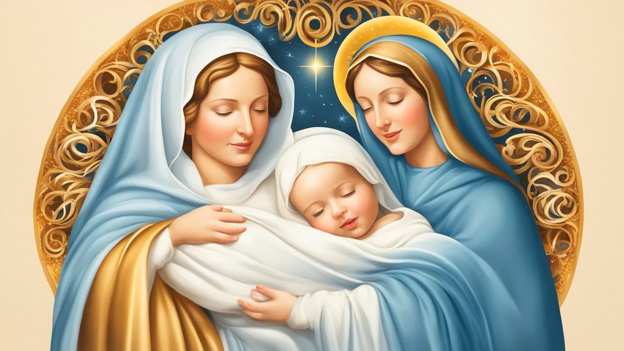 Design for a religious Christmas card showing the newborn baby Jesus with his mother Mary