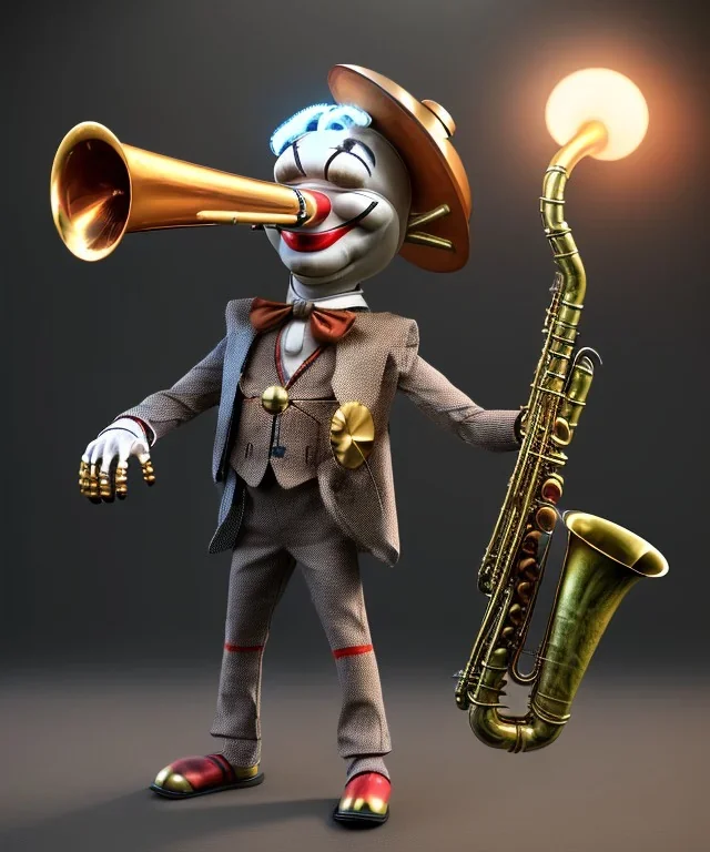 mechanoid clown playing jazz with a steampunk theme, trumpet, realistic