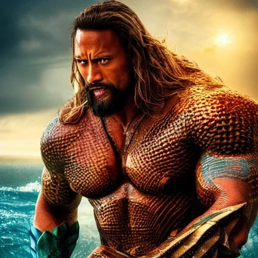 Fantasy, Dwayne Johnson as Aquaman, heroic, award winning, insanely detailed, sunlit, realistic, ocean,acrylic paint, 8k resolution, hdr, trident