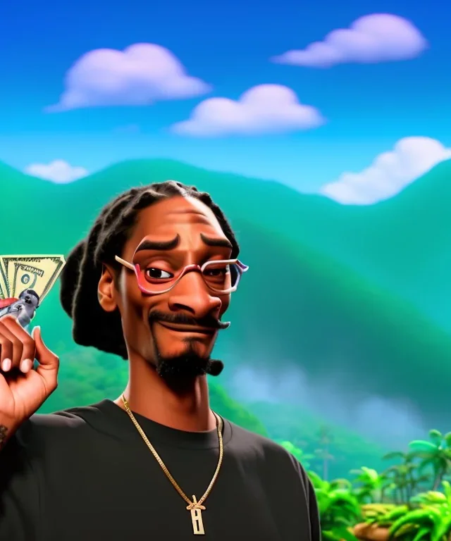 Snoop Dogg, cigar with dollars burning, jungle background, hyper realistic