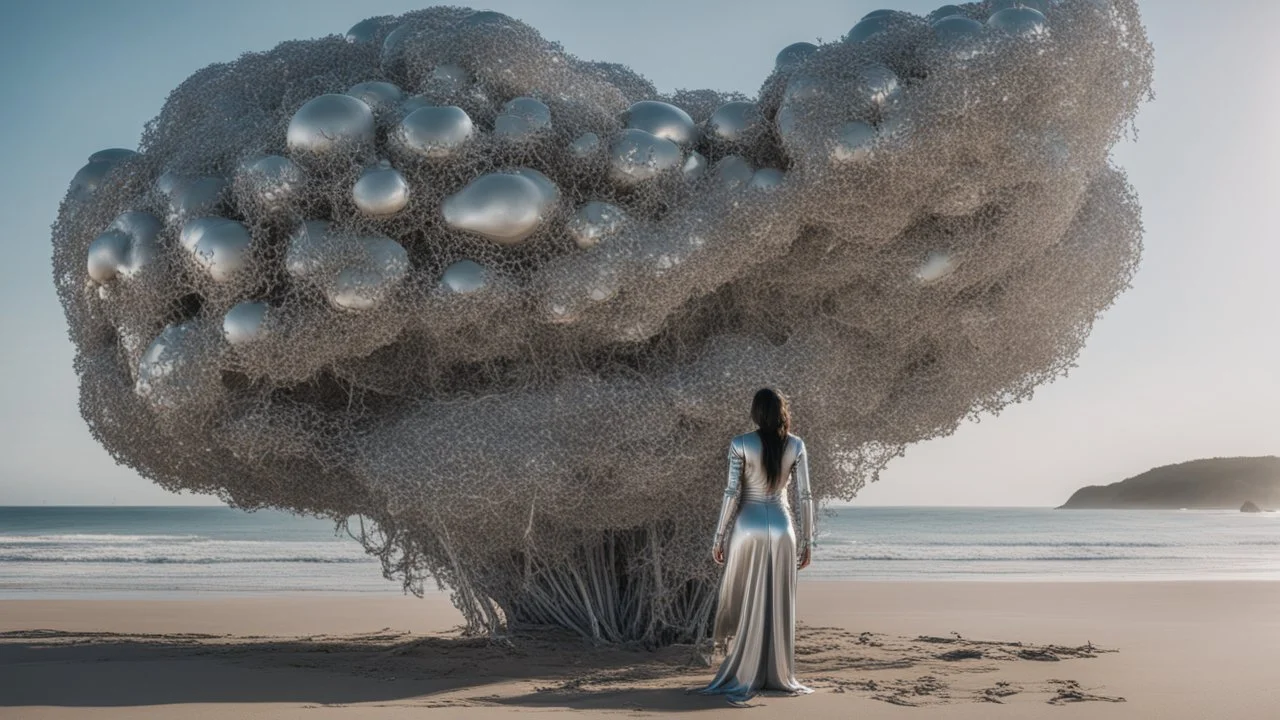 Wide-angle shot of a woman, standing to one side, with dark hair in a silver robotic catsuit, standing on a beach, flying mushrooms with jellyfish tentacles floating above her