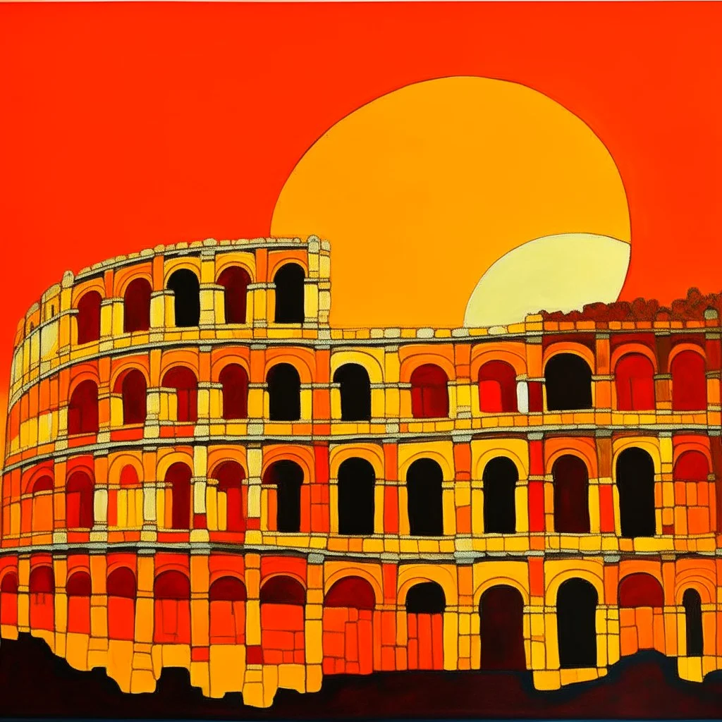 An orange colored mythical coliseum in the sky painted by Piet Mondrian