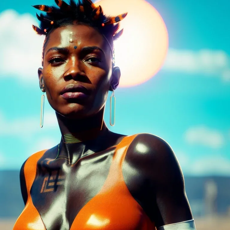 A beautiful portrait of a cyberpunk cyborg black tribal woman with lot's of grain on her skin and big tribal tatoos all over the skin, with natural hair floating in the wind cyborg smiling facing camera orange color scheme, high key lighting, volumetric light high details with white stripes and feathers unreal 5, octane render, cinema4d, dynamic lighting, dramatic lighting, 4k, redshift render, highly detailed, hyper realistic