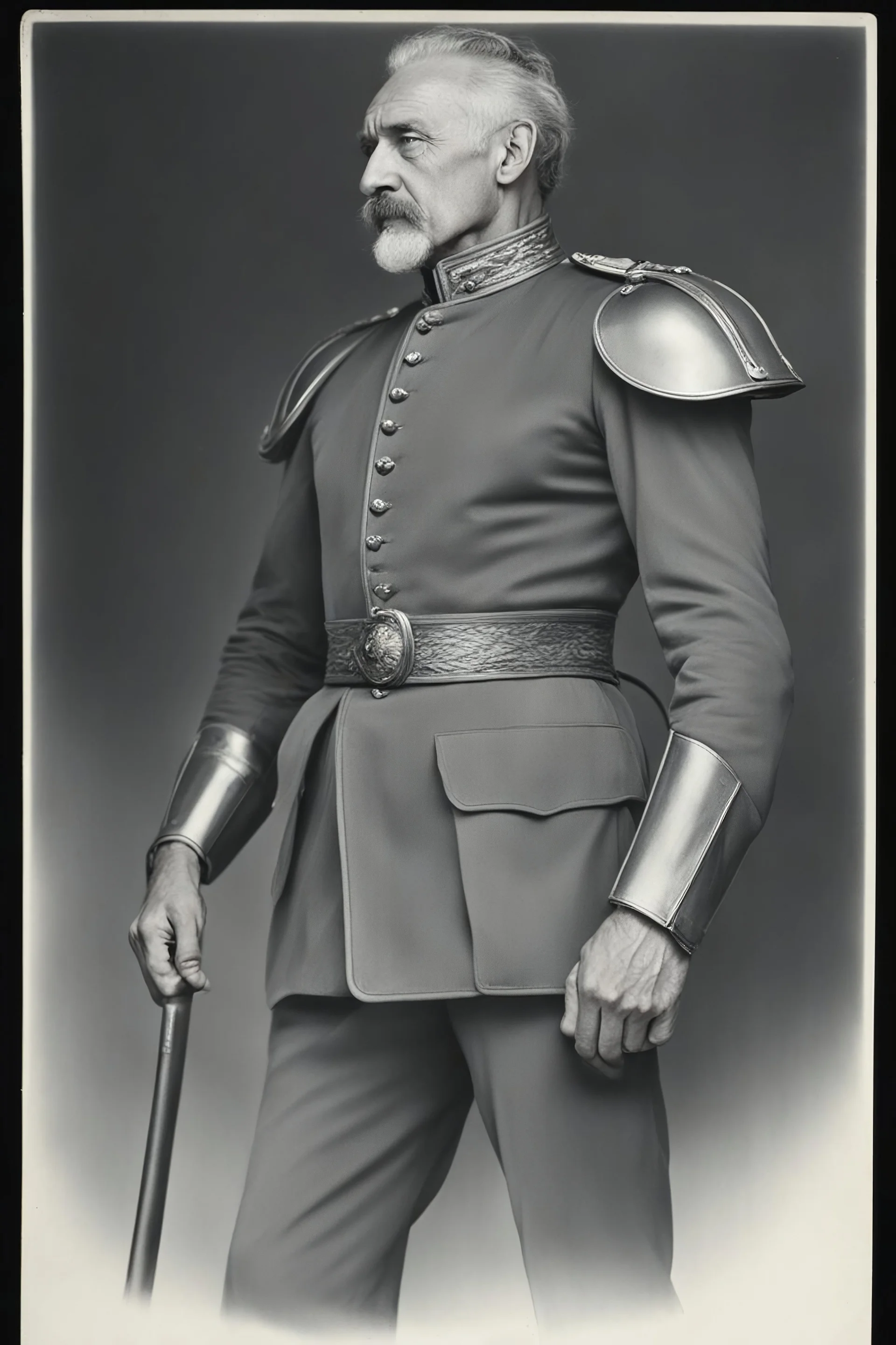 3/4 side view, head to waist image, professional quality photograph, a physically fit, extremely muscular, athletic, middle-aged man, Jay Garrick the Flash, with broad shoulders and massive arms, short, graying hair and a goatee, dark eyes, large, curved nose, and a square jawline, wearing a silver metal world war I Military hard hat with a flat brim all around it and gold lightning bolts on either side, and a (((long-sleeved))), red, cotton, pullover shirt with lightning on the chest,