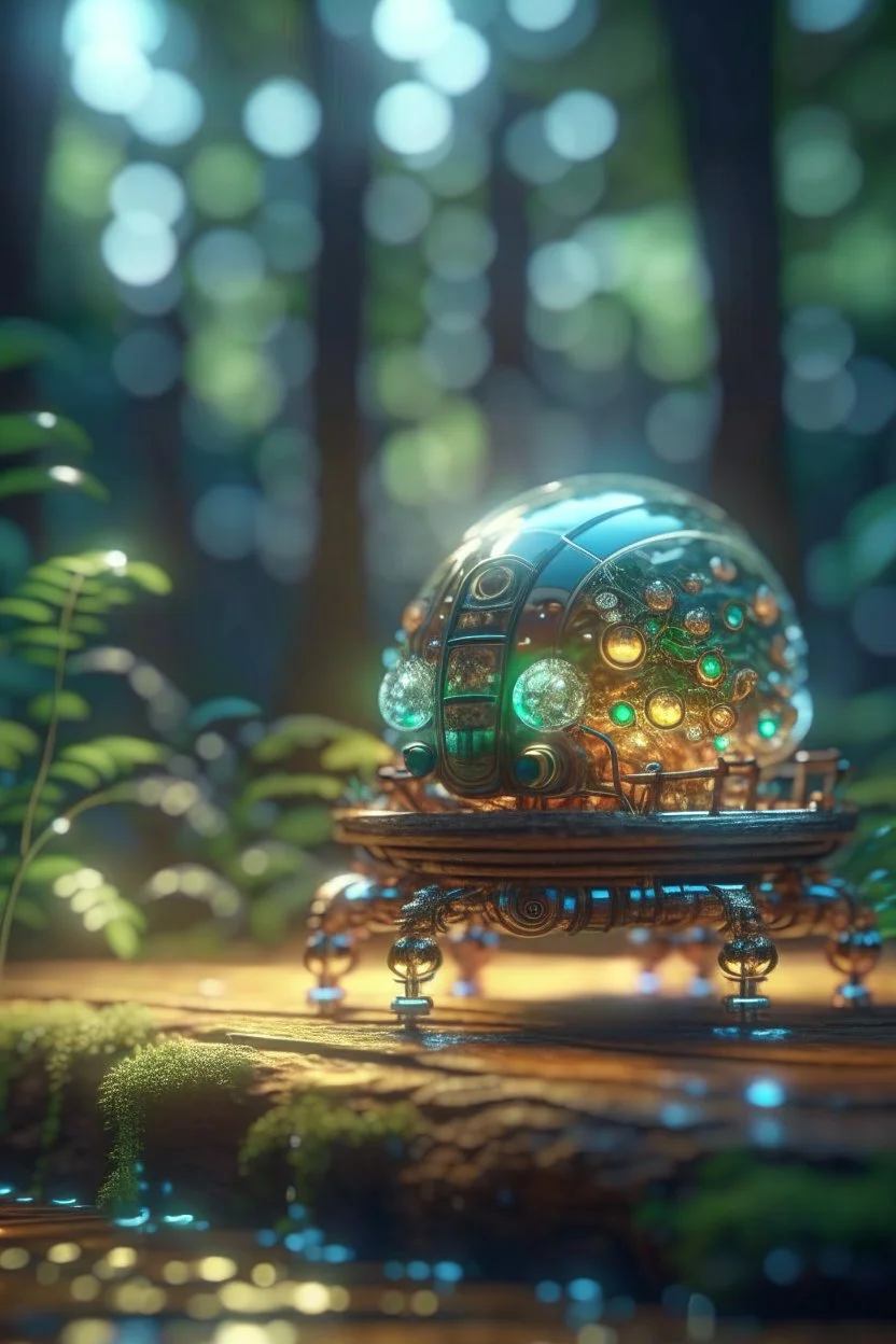 picture of a magical forest sparkling with light,cute chat robot inside transparent egg that is driving a car wooden bridge,shot on Hasselblad h6d-400c, zeiss prime lens, bokeh like f/0.8, tilt-shift lens 8k, high detail, smooth render, down-light, unreal engine, prize winning