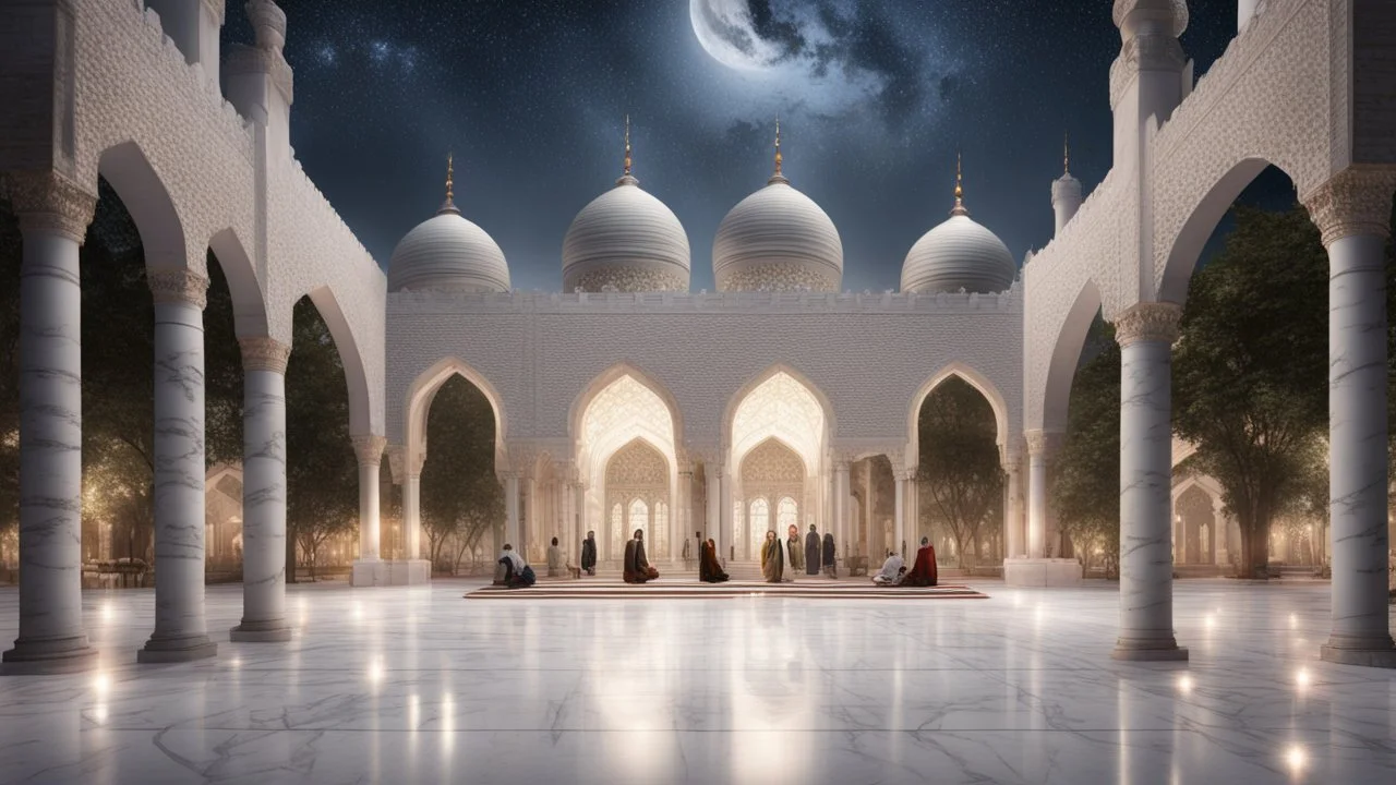 Hyper Realistic People-Praying inside Beautiful-Decorated-Huge-Grey-Brick-Mosque with white-marble-flooring & Beautiful-Lighting-Decorations at night with stars on sky & beautiful trees