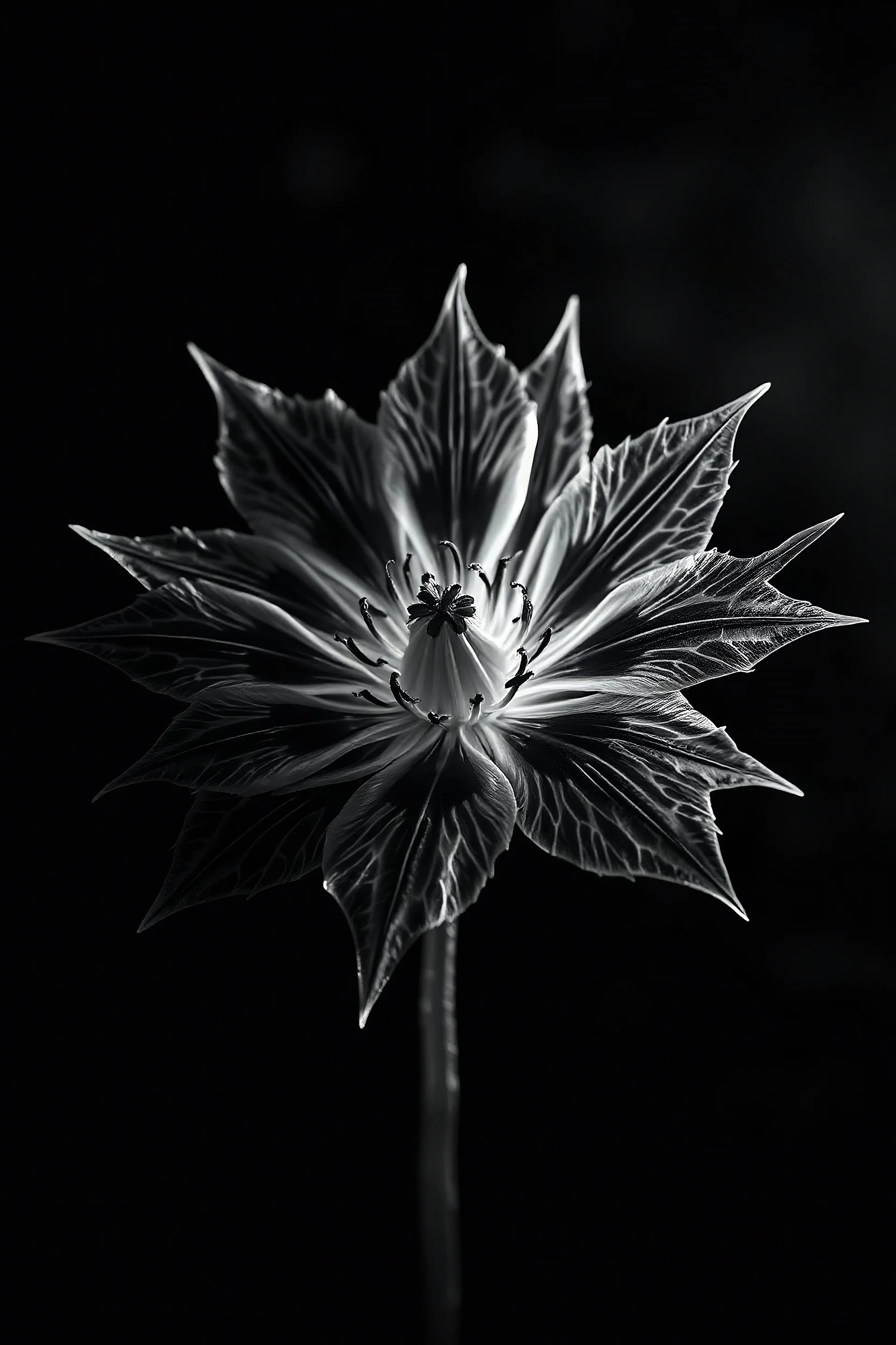 Realistic x-ray flower, slant angle, tilt art bokeh, dark shadowy scene. flower of death , sharp jagged petals surround the center. metaphorical, fantasy artwith intricate details, texturized effect, black and white, inspired by Hugh Turvey, Bert Myers and flower photography, enhanced with dramatic lighting