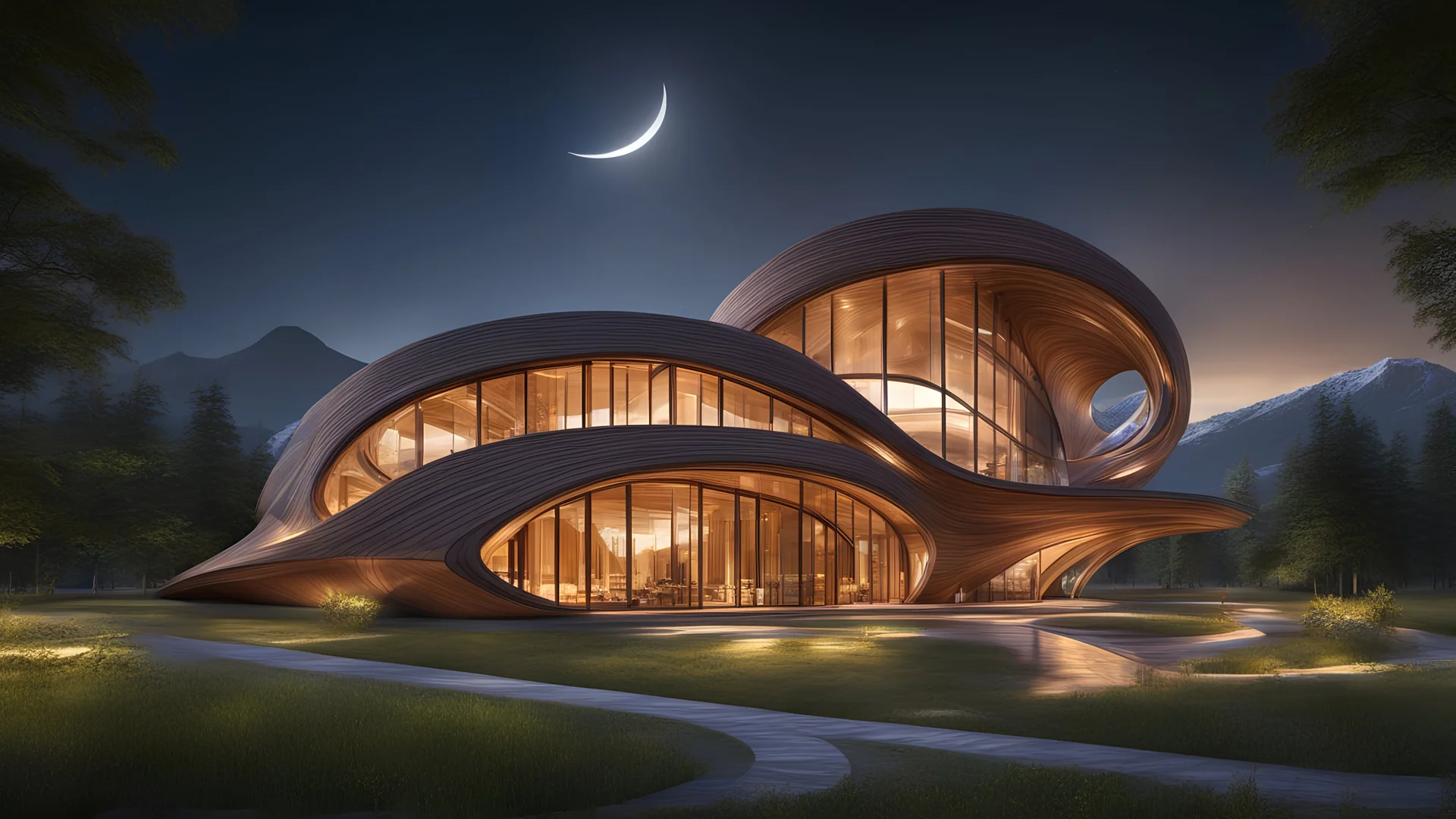 inspiring interwoven wooden ultra-modern building based on parabola shapes, sine curves and helix shapes, featuring large windows, rural location, night, moonlight, fireflies, distant mountains, lake, astonishing architecture, beautiful, wow, extremely detailed, photographic quality, beautiful composition, Ultra Realism, Complex intricate Details, 16k, HDR, High Quality, Sharp Focus, Studio Photo, attractive, innovative