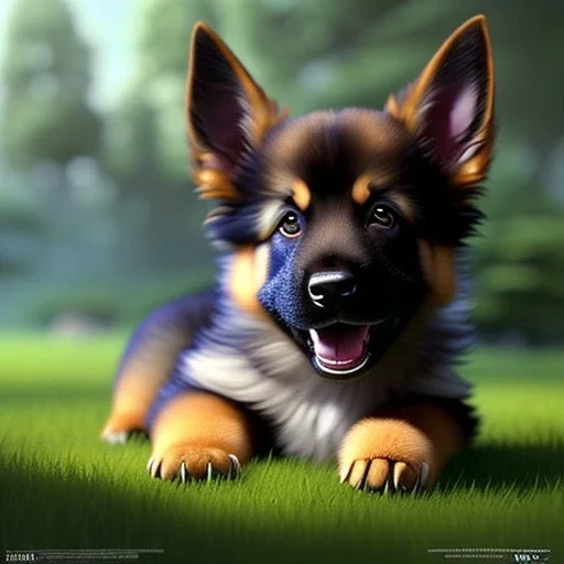 pixar style, volumetric garden environment and background, realistic painting of a cute midget german Shepherd puppy laying on the ground, looking excited, detailed digital painting, extreme dense and fine fur, anime, ornate, colour-washed colors, elegant, small minutiae, tiny features, particulars, centered, smooth, sharp focus, renderman gofur render, 8k, uhd, detailed eyes, realistic shaded volumetric lighting, sunlight caustics, backlight, centered camera view