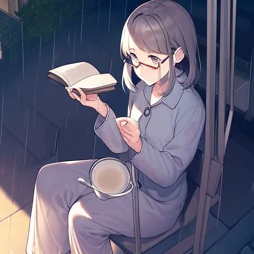 anime girl sitting on a porch swing of an old house, journaling, wearing pajamas,sitting next to a cup of coffee, writing in a book, shes watching it rain, more detail on hands and her face,shes deep in her thoughts, wearing glasses, rain drops