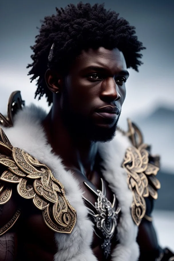 Photoreal close-up of handsome muscular black man druid with angelic features and intricate ornate armor in the ice mountains at sunset, forgotten realms fantasy style by lee jeffries, 8k, high detail, smooth render, unreal engine 5, cinema 4d, HDR, dust effect, vivid colors