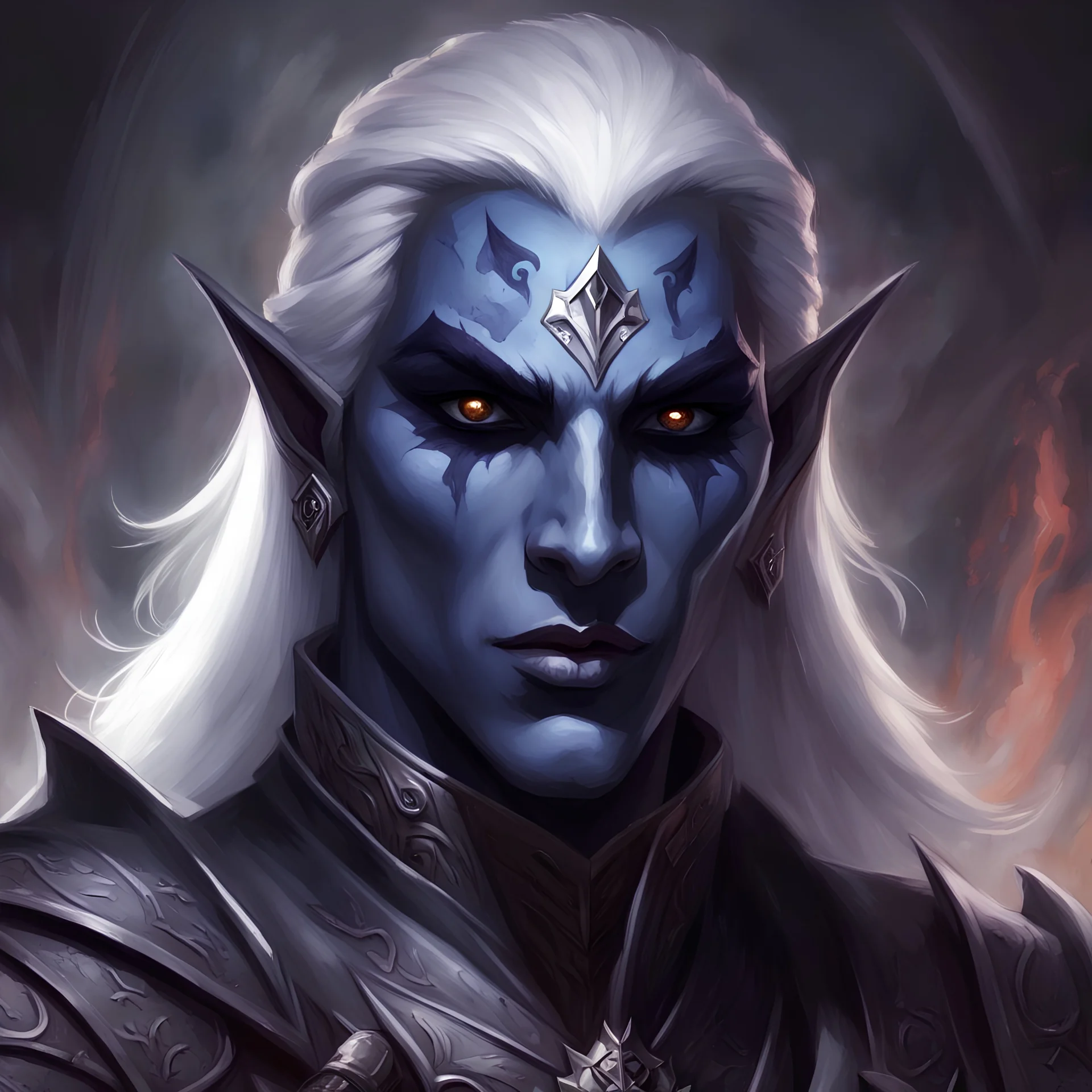 Generate a dungeons and dragons character portrait of the face of a male Drow named Valas. He is striking, handsome and has facepaint on his face. He is sworn to the evil goddess Lolth and he is shrouded in darkness. He is a War Cleric soldier.