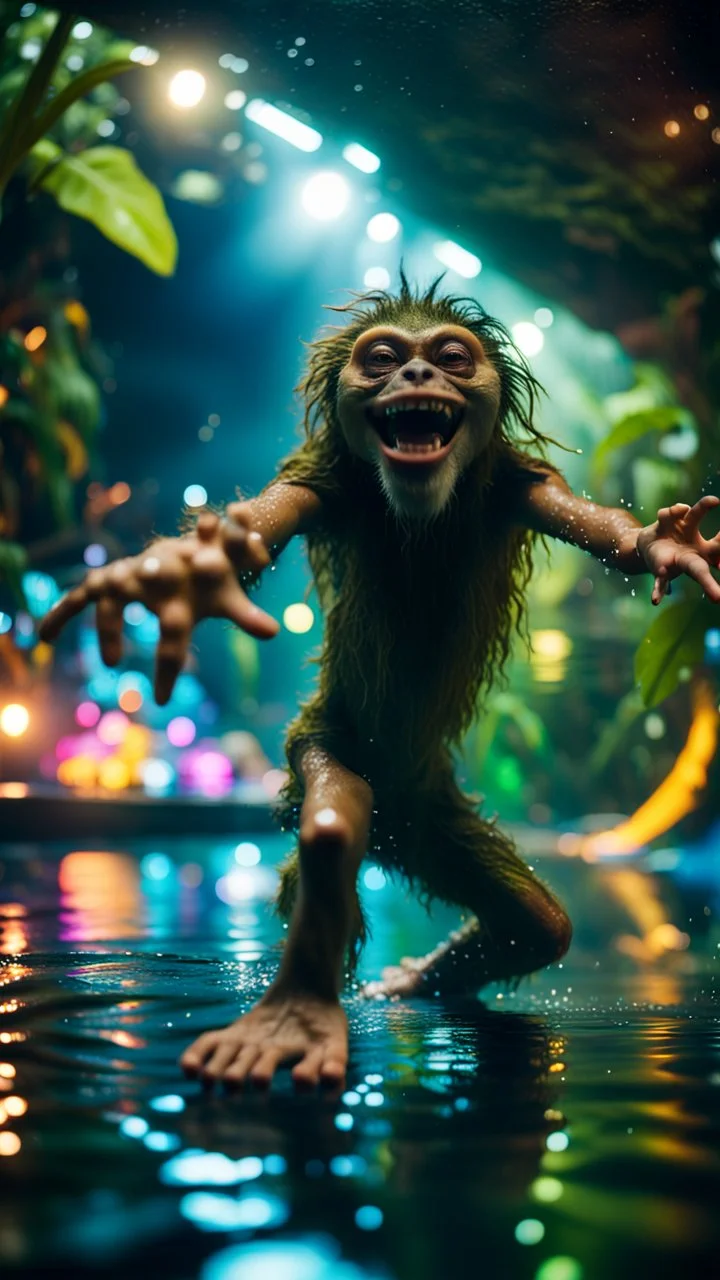 selfie by pimp rocker alien big foot gremlin diving in water slide in the middle of crazy dance moves dancing in dark lit reflective wet jungle hall tunnel,bokeh like f/0.8, tilt-shift lens 8k, high detail, smooth render, down-light, unreal engine, prize winning