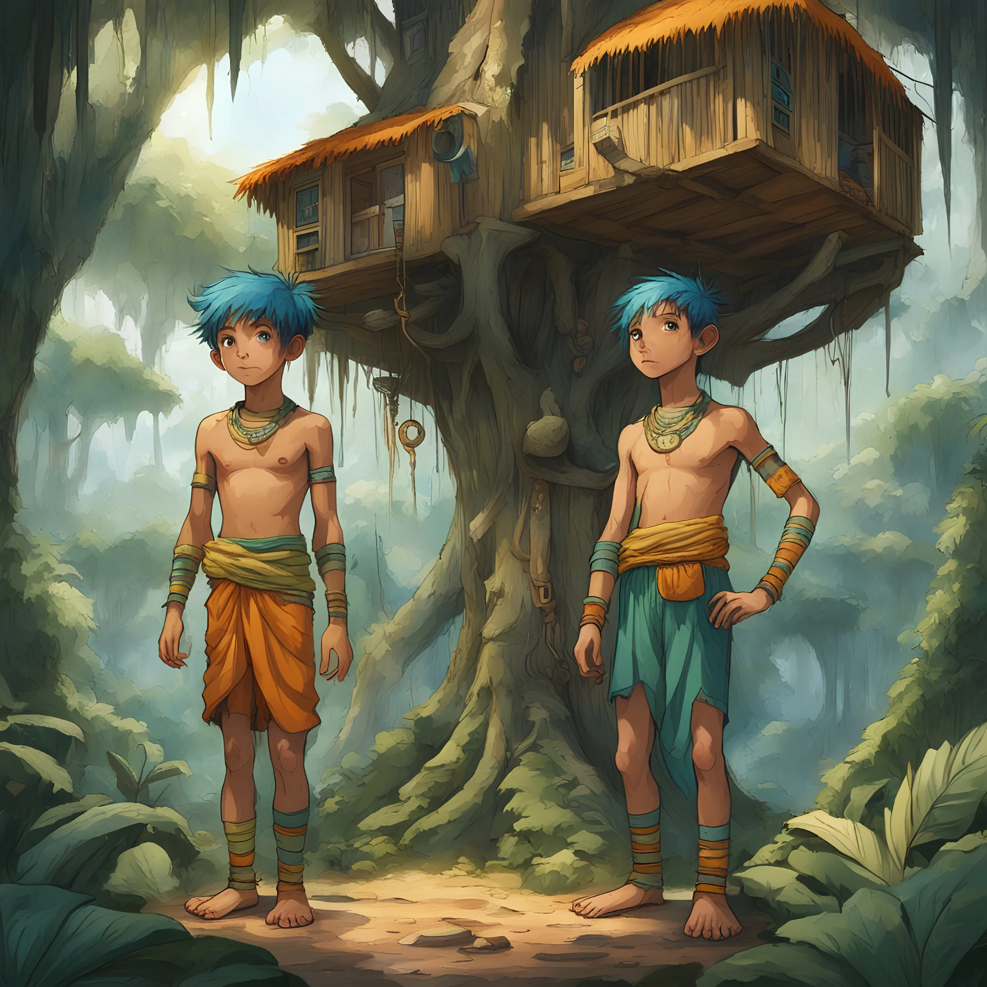 A pair of boys in green and gold loincloths, with blue and orange hair, aged 12 and 13, living in a giant treehouse in a jungle planet. They are part of a tribe that worships nature and animals. They have to protect their home from invaders who want to exploit the planet's resources.