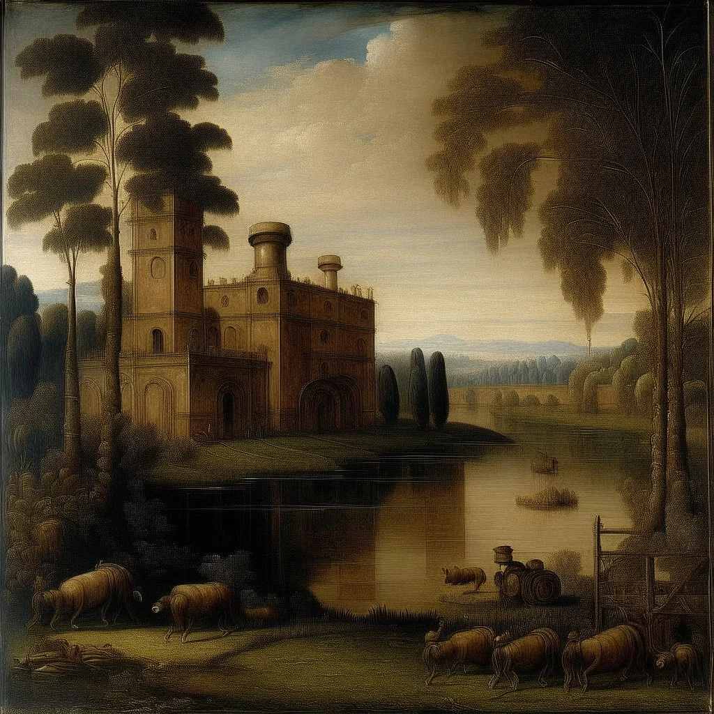 A factory near a lake painted by Leonardo da Vinci