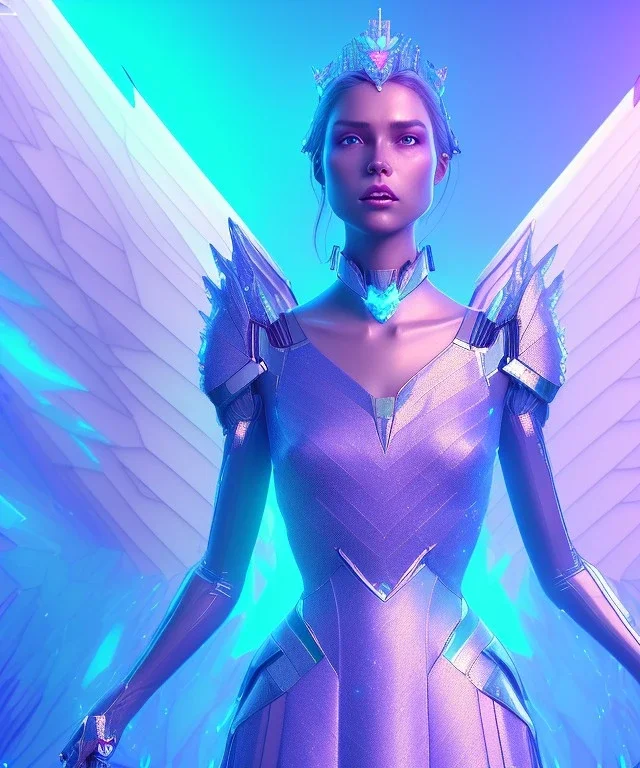 A crystalised queen, atmospheric, realistic, unreal engine, cinematic lighting, octane render. blue, pink, transparency, light, shine,bright, full body, transparent wings, blonde, long hair