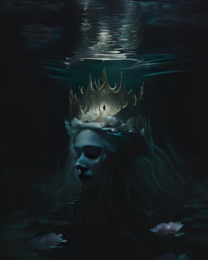 an ethereal portrait of a lonely queen submerged in dark waters with her back and no face