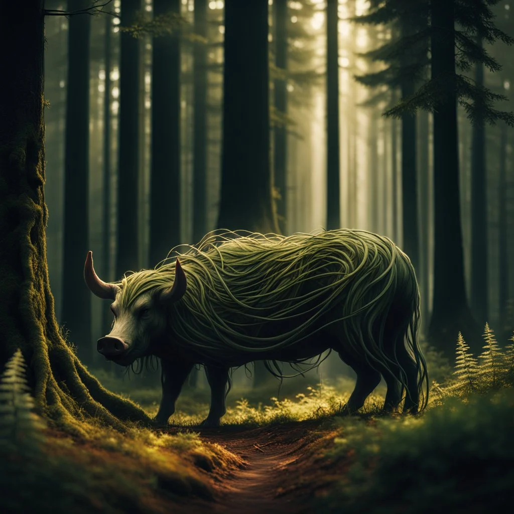 a slender forest spirit wraith ghost spectre with long long legs kneeling holding a big forest pig, with highly detailed, sharply lined facial features, in the deep shadowy forest of Brokilon , finely inked, in rustic colors, 4k in the style of Peter Mohrbacher source vibrations, bokeh like f/0.8, tilt-shift lens 8k, high detail, smooth render, down-light, unreal engine, prize winning