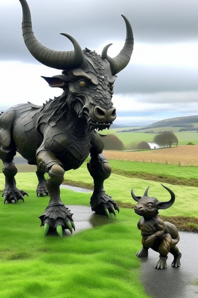 Minotaur meets baby dragon in Welsh countryside