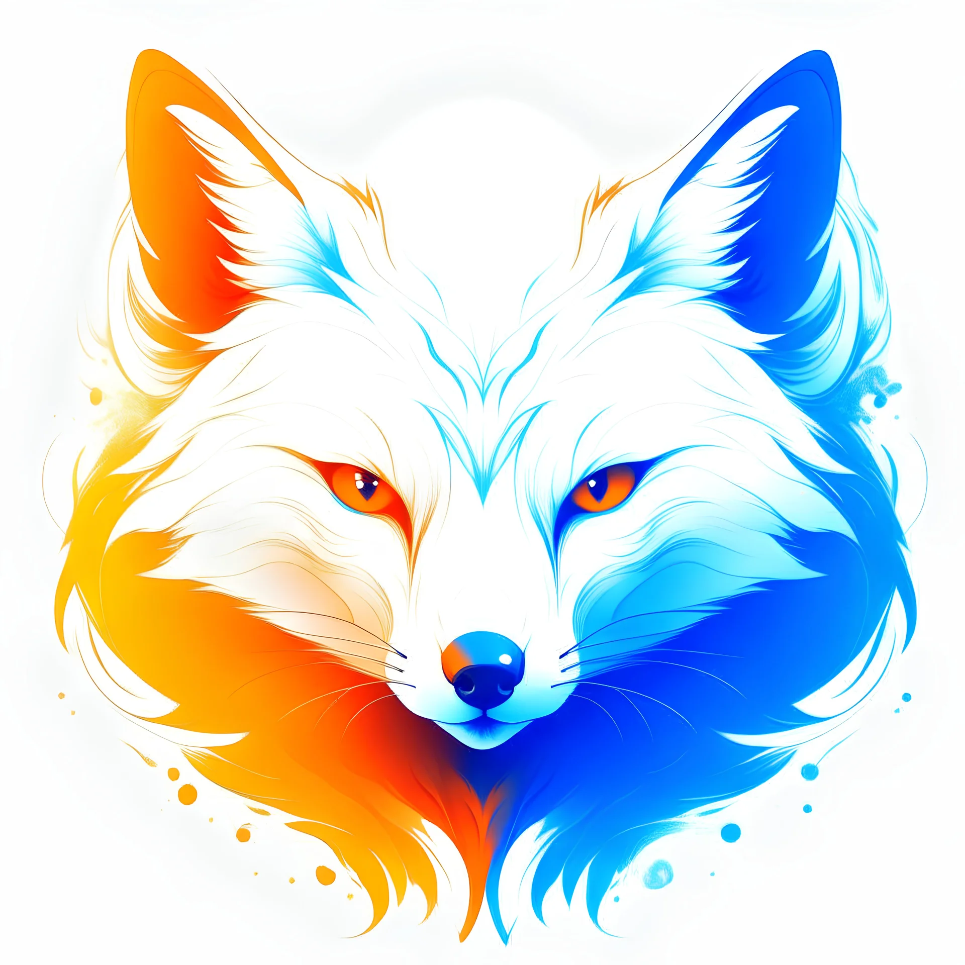 un zorro blanco con colores naranja y celeste, que el ojo izquierdo del zorro sea celeste y el ojo derecho de color naranja, que el fondo también cuente con estos mismos colores en forma de llamas