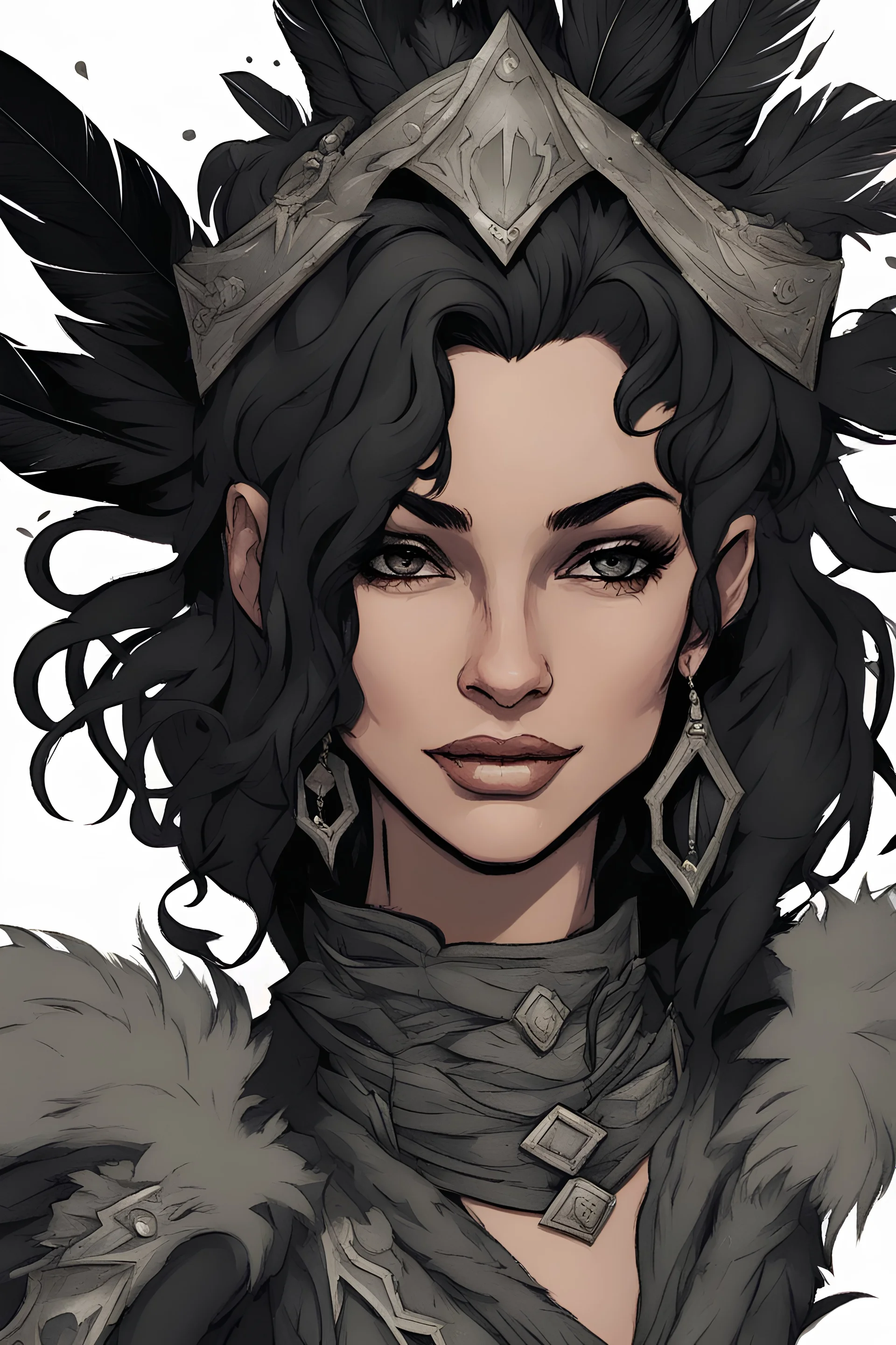 smiling woman in fantasy ranger clothing with feathers stuck in black messy hair , d&d character art, curse of strahd