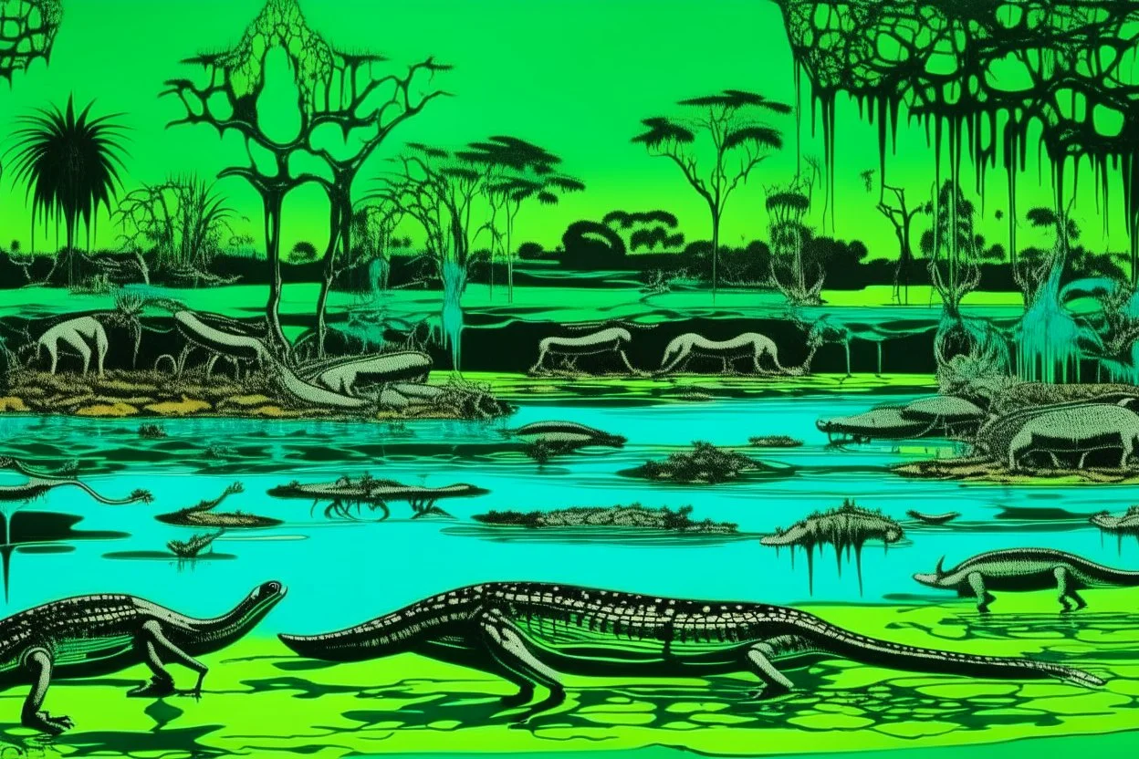 A teal poisonous swamp with crocodiles painted by Andy Warhol