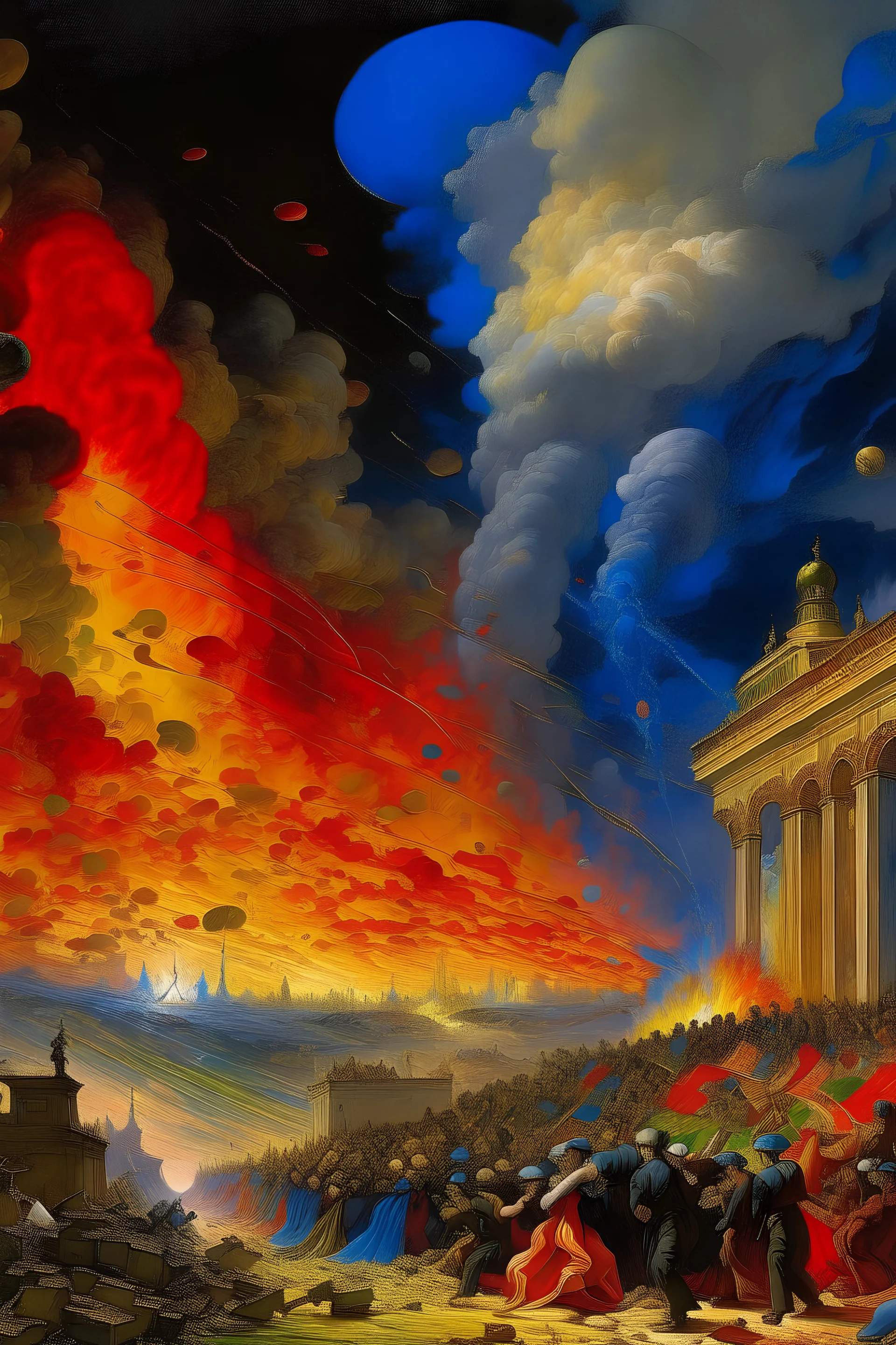 In this intricate and historically charged image, a moment of chaos and conflict unfolds, depicting wars, revolutions, and upheavals. In the background, a fiery scene of battles emerges, with flames and columns of smoke rising into a sky punctuated by the diverse colors of explosions and clashes. In the foreground, a scene from revolutions takes shape, as people manifest defiance, raising symbolic banners and flags, with expressions of anger and protest on their faces. The intricate details hig