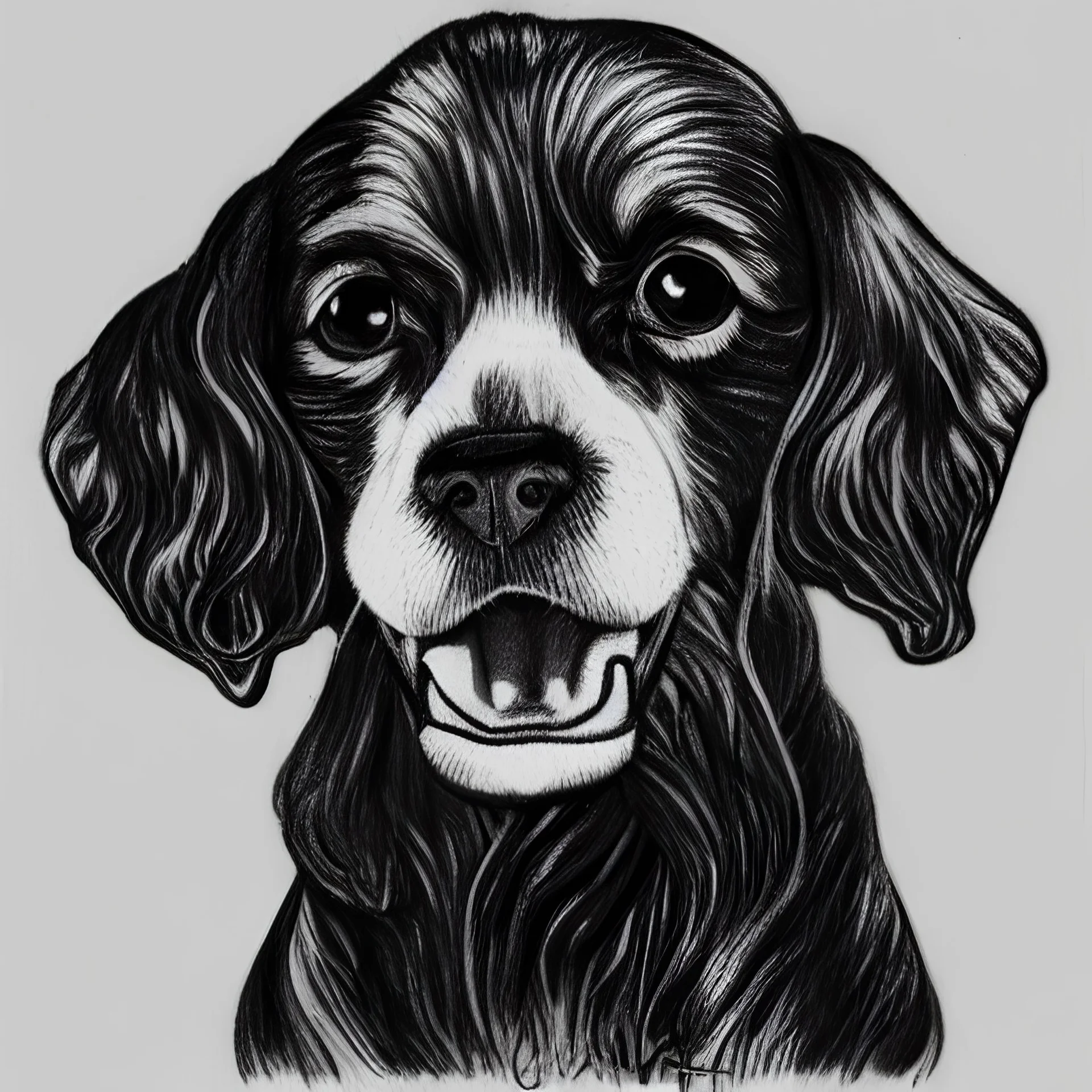 cartoon line drawing of spaniel standing in black and white no background