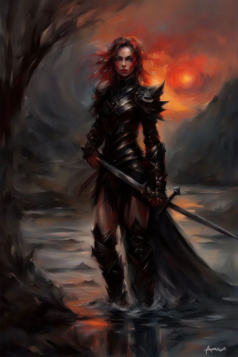 A formidable warrior girl in black armor, on the background Amazing gloomy landscape, flooded with sunset, mountains, trees, fabulous scary hero, , juicy emotions, painting, dark fantasy, gloomy day, dark world, portrait, by Anna Razumovskaya