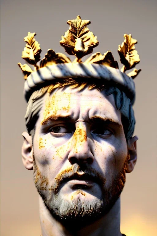 Realistic image, Roman sculpture made in white marble with gold veins, Lionel messi with gold laurel leaves crown, decorative star on the chest, waist up portrait, marble material, gold ornaments, Baroque style, sun rays background, epic, celestial, cinematic lighting, God lights, 4k resolution, smooth details, soft lighting, unreal engine 5, art station, substance 3d.