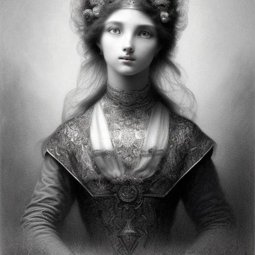 a beautiful young woman, Gustave Doré black and white illustration, perfect eyes, beautiful face