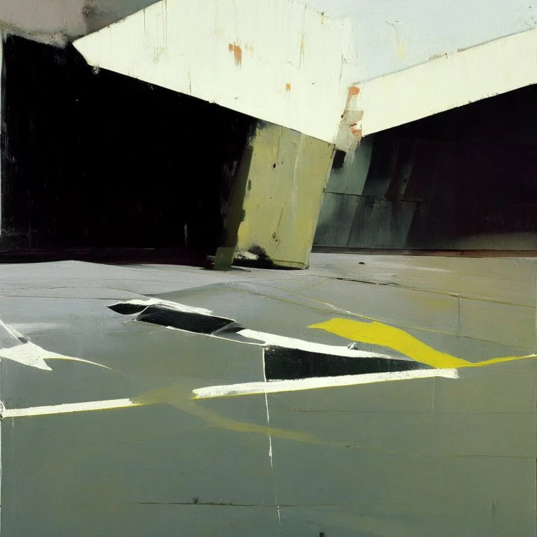 Minimal abstract oil paintings desolate 1960s carpark concrete fragments and naked bodies. style of Justin Mortimer and Francis Bacon. road markings.