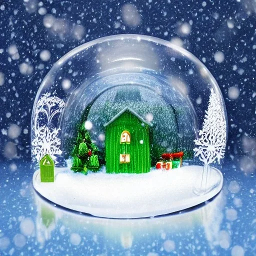 beautiful christmas snow globe inside a room with green walls and christmas wallpaper with snow fall in the window and in the snow globe, bright light shining through the snow globe with christmas elements inside